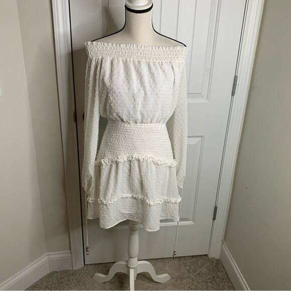Sabo skirt white tiered‎ bardot swiss dot ruffle long sleeves dress size small - Picture 1 of 10